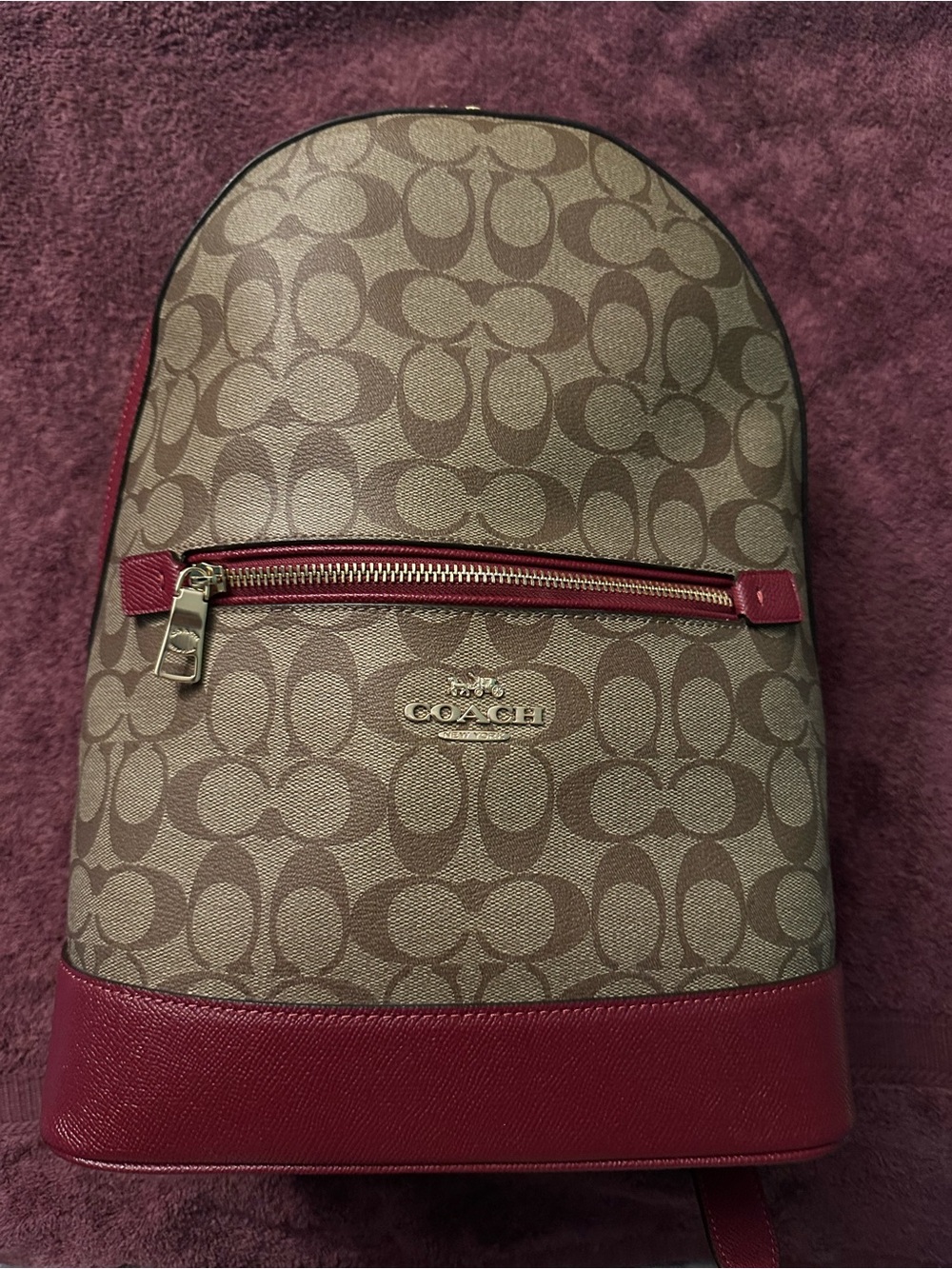 Coach Brown Signature Backpack with Burgundy Trim